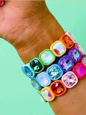 New Rainbow Gem AB Square Crystal Gemstone Rhinestone Jeweled Stretch Bracelet